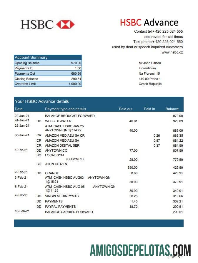 Extrato bancário HSBC tcheco realista, modelo fácil de preencher em formato Excel e PDF